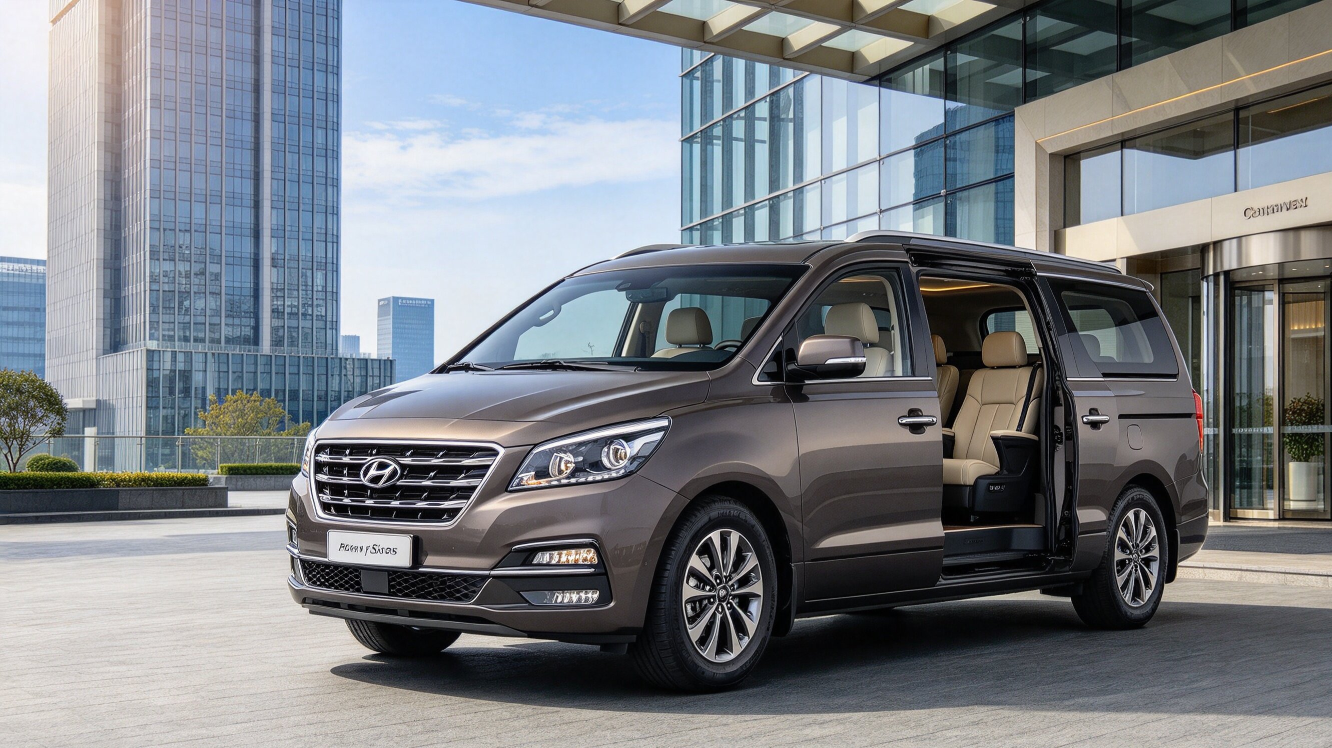 Seven-seater business van parked at Shanghai Hongqiao Airport arrivals curb